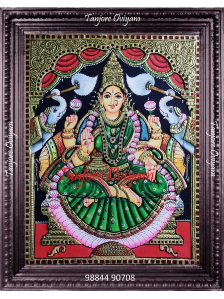Green Saree Gajalakshmi Tanjore Painting